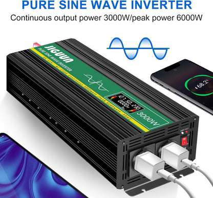 JIGUUN 3000W omvormer 12v naar 230v zuivere sinus inverter met draadloze afstandsbediening LCD-scherm 2 Eu-stopcontact & 1 USB-poort Piekvermogen 6000W voor auto, camping, reizen (3000W12V)