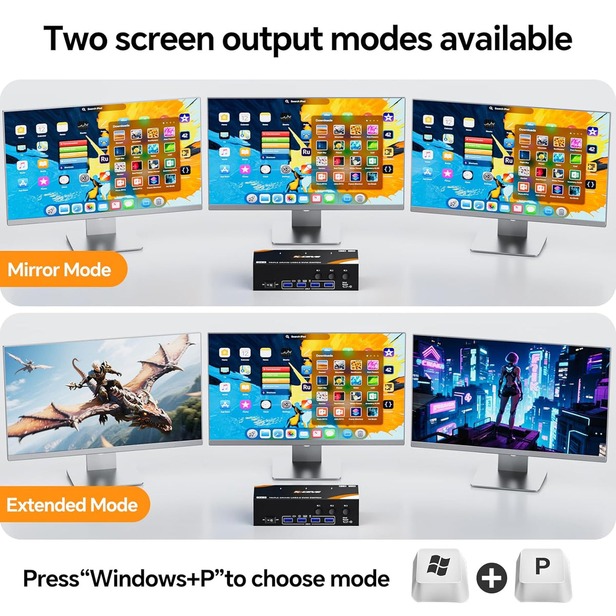 KVM Switch 3 PC 3 monitoren 8K @60Hz / 4K @144Hz, Displayport 1.4 HDMI 2.1 USB 3.0 KVM Switch Triple Monitor voor 3 PC delen muis, toetsenbord met bedrade afstandsbediening en 12V Power