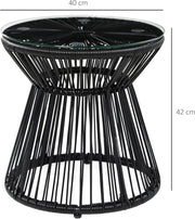 Tuintafel - Tuintafel Rond - Bijzettafeltje - Rattenbijzettafel - Bistrotafel, Salontafel - met Glazen Tafelblad - Boho-Stijl - voor Terras - Tuin - Ø40 x 42 cm - Zwart