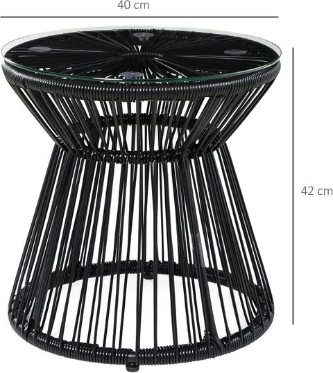 Tuintafel - Tuintafel Rond - Bijzettafeltje - Rattenbijzettafel - Bistrotafel, Salontafel - met Glazen Tafelblad - Boho-Stijl - voor Terras - Tuin - Ø40 x 42 cm - Zwart