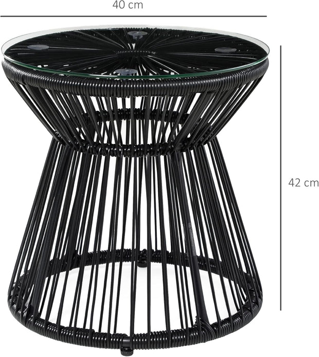 Tuintafel - Tuintafel Rond - Bijzettafeltje - Rattenbijzettafel - Bistrotafel, Salontafel - met Glazen Tafelblad - Boho-Stijl - voor Terras - Tuin - Ø40 x 42 cm - Zwart