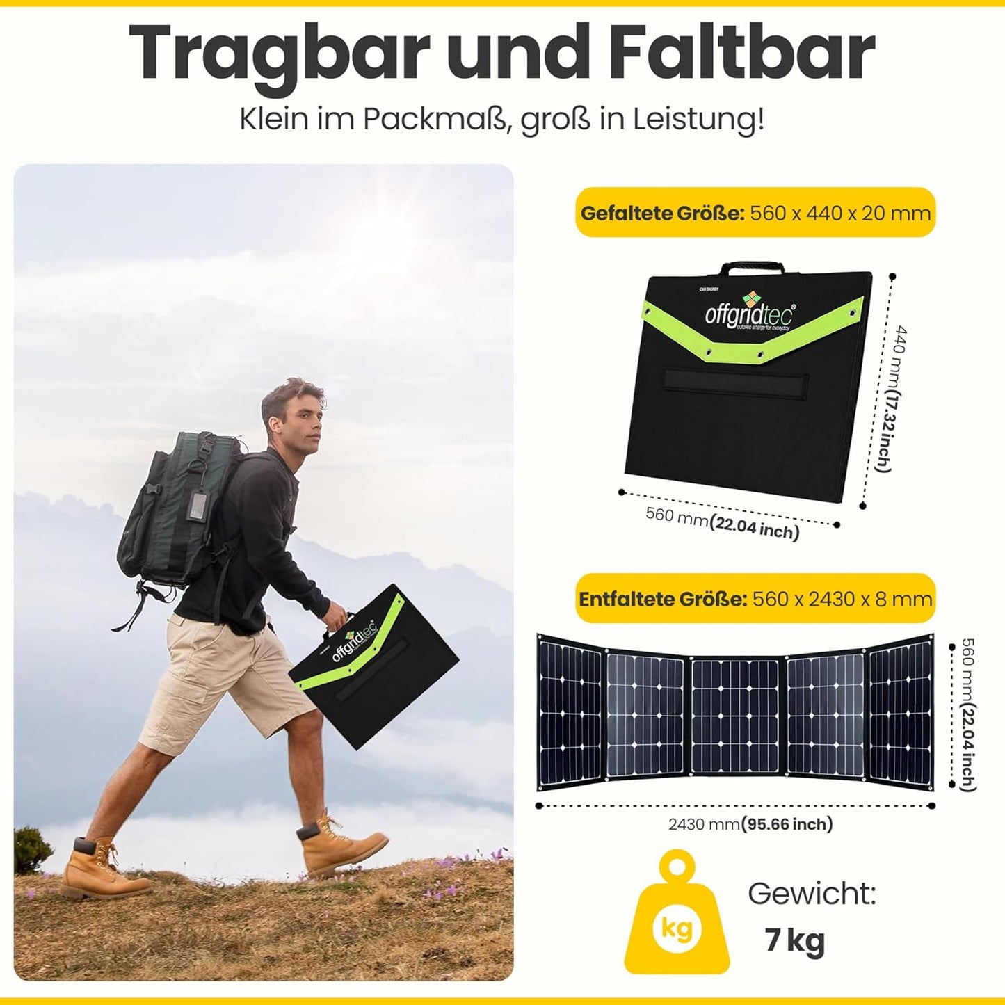 Offgridtec© FSP-2 225W opvouwbaar zonnepaneel met Sunpower Back-Contact cellen zonder laadregelaar met praktische draaggreep en opbergruimte voor kabel. Voor camping, reizen, boot caravan