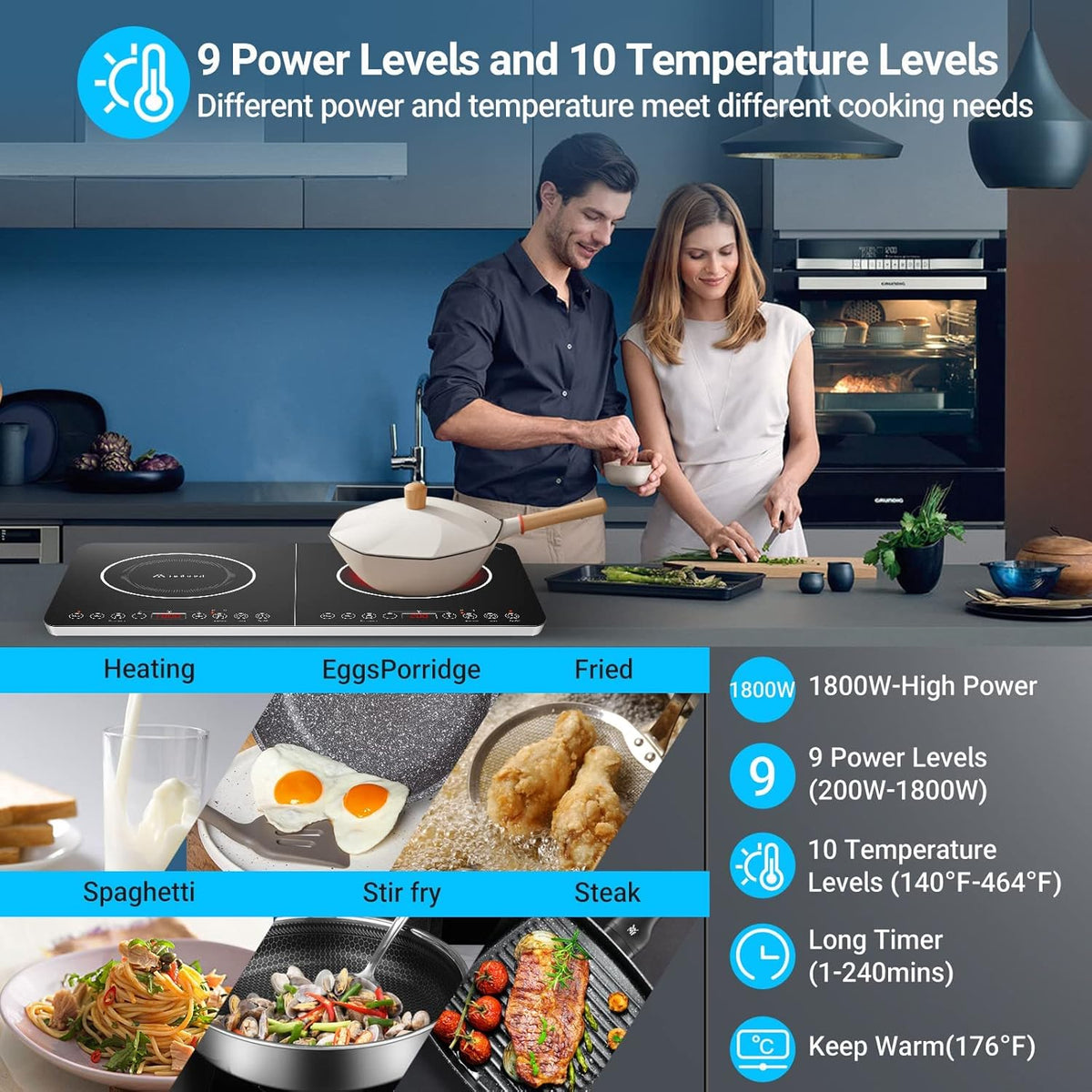 Aobosi Inductiekookplaat, dubbele inductiekookplaat, draagbare kookplaat, sensor-touch-bediening en kristalglasplaat, 3500 watt, timerfunctie