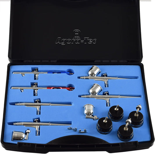 Agora-Tec® Airbrush pistolen set AT-AS-01-15-delig Airbrush-pistolenset met 6 pistolen in 4 verschillende sproeimaten.
