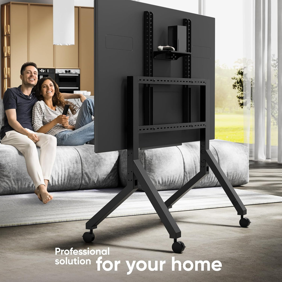 ONKRON TV-standaard op wielen voor 70-110 inch televisies tot 120,5 kg, in hoogte verstelbare TV-standaard max VESA 1000x800, mobiele TV-wagen met wielen/TV-rollwagen met plank zwart TS2081-B