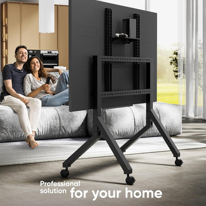 ONKRON TV-standaard op wielen voor 70-110 inch televisies tot 120,5 kg, in hoogte verstelbare TV-standaard max VESA 1000x800, mobiele TV-wagen met wielen/TV-rollwagen met plank zwart TS2081-B