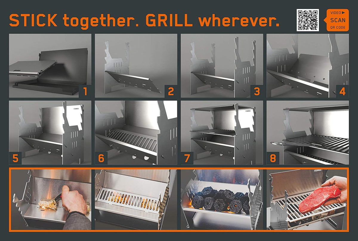FENNEK Grill | Houtskoolgrill | mobiel/insteeksysteem | voor kamperen/trekking/camperleven, tuin en outdoor grillplezier | van rvs