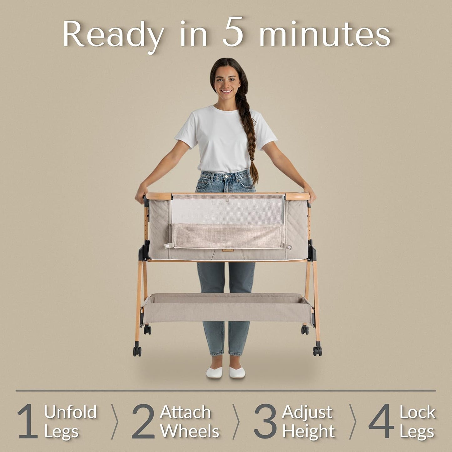 Love For Sleep SnooBee Next To Me bijzetbed & kinderbed, vrijstaand, 6 hoogteniveaus, wielen, matras, zijkanten van ademend mesh met muggennet, opvouwbaar met tas (0-6 maanden), kaki / grenen