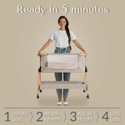 Love For Sleep SnooBee Next To Me bijzetbed & kinderbed, vrijstaand, 6 hoogteniveaus, wielen, matras, zijkanten van ademend mesh met muggennet, opvouwbaar met tas (0-6 maanden), kaki / grenen