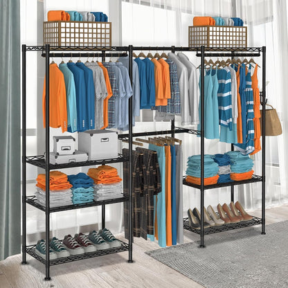 Kledingrek voor het ophangen van kleding, verstelbaar zwaar kledingrek met 4 hangstangen en 7 planken, belastbaar tot 800 lbs, 70 x 13,5 inch B x 76 inch H, zwart