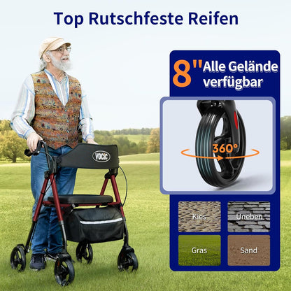 VOCIC Rollator, opvouwbaar en licht, met zitje, rollatoren voor senioren, inklapbaar, met 20 cm banden voor alle terreinen, zitje en handgreep, in hoogte verstelbaar, groen