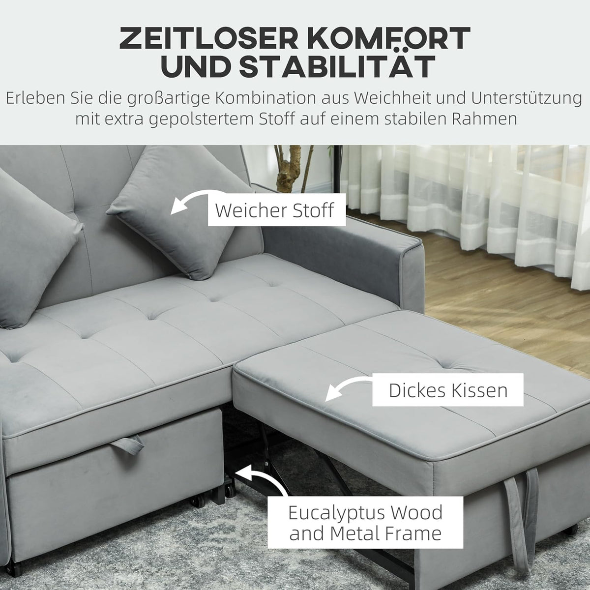 HOMCOM Schlafsofa, 2-Sitzer Sofa mit Schlaffunktion, Verstellbare Rückenlehne, Couch mit Kissen, Samtoptik, L-förmig Schlafcouch mit Bettkasten Rollen für Wohnzimmer, Gästezimmer, Grau - QUORE