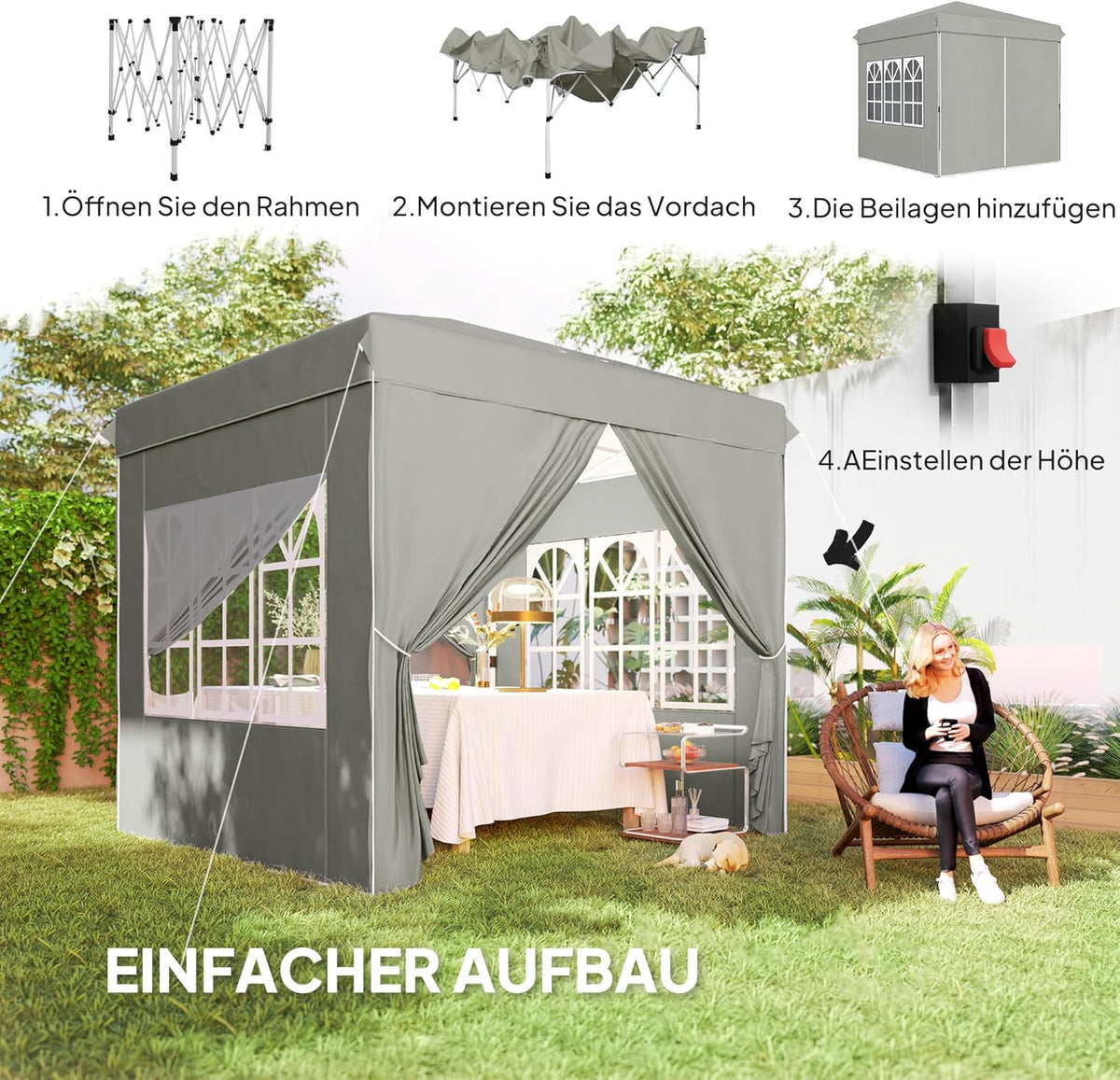 Outsunny Pavillon 2,5x2,5m, wasserabweisend Stabil Winterfest Pop-up Faltpavillon, UV Schutz 50+, Faltbar Partyzelt Gartenzelt mit 4 Seitenteilen Tasche Gartenpavillon für Camping Garten, Hellgrau - QUORE