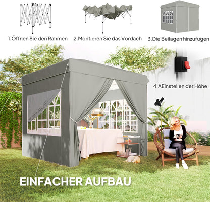 Outsunny Pavillon 2,5x2,5m, wasserabweisend Stabil Winterfest Pop-up Faltpavillon, UV Schutz 50+, Faltbar Partyzelt Gartenzelt mit 4 Seitenteilen Tasche Gartenpavillon für Camping Garten, Hellgrau - QUORE
