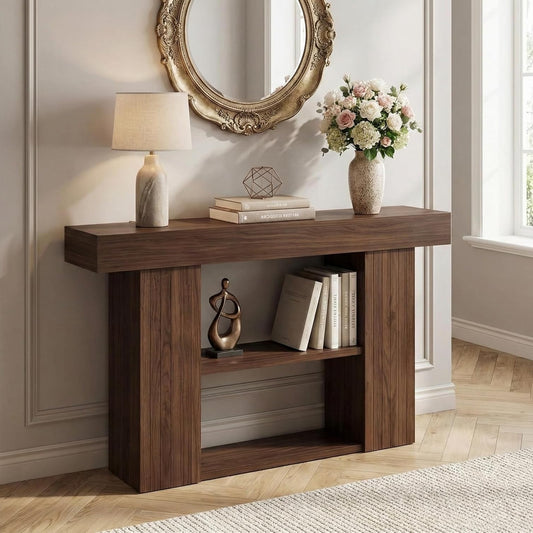 Smalle Sidetable – Smalle Console Tafel – Haltafel – Sofa Tafel – Entreetafel – Walnoot Massief Hout – 130x30x76 cm – 3 Lagen Opbergruimte – Krasbestendig & Waterafstotend - QUORE