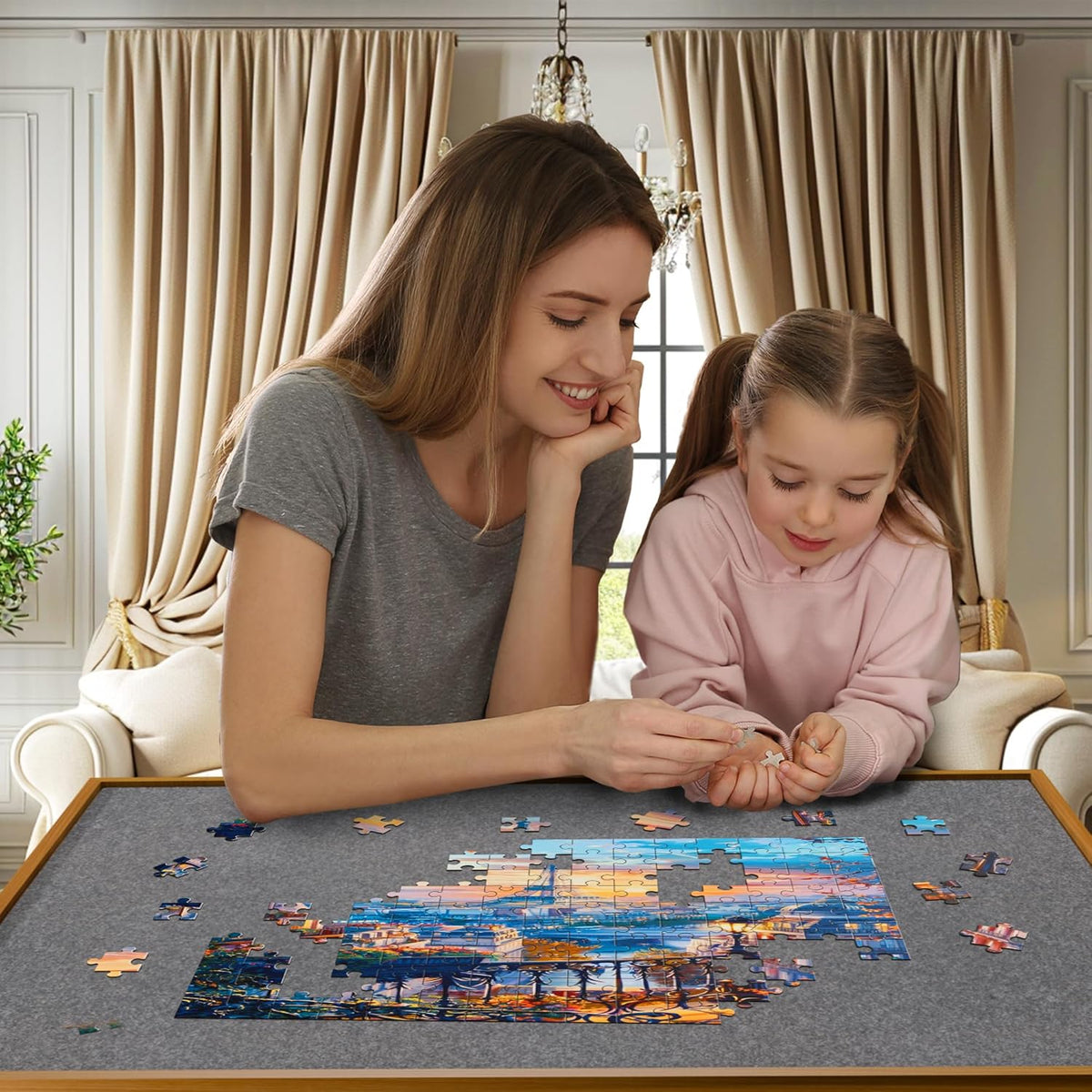 FATIVO Puzzle Table, 1500 Pieces, Height Adjustable with Wheels 70 x 90 cm, with 2 Fabric Drawers, Mobile Puzzle Board 74-98 cm, for Adults, Puzzle Board, Adjustable Angle, Black, Brown - QUORE