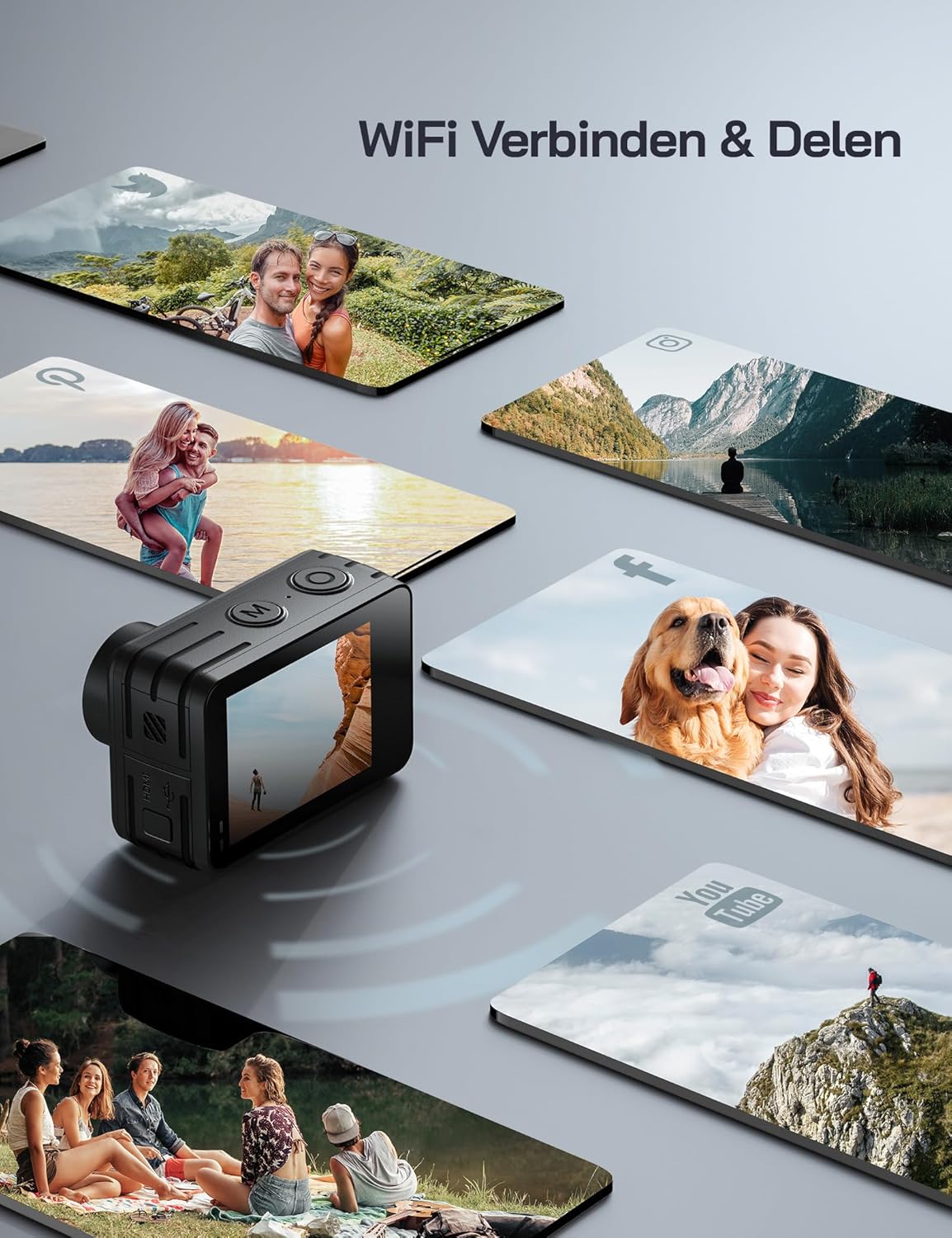 WOLFANG GA420 Actie Camera 4K 60FPS met touchscreen 24MP WiFi onderwatercamera, 10M kale waterdichte/40M waterdichte helmfietscamera met EIS, afstandsbediening, 2x1350mAh batterijen, accessoirekit