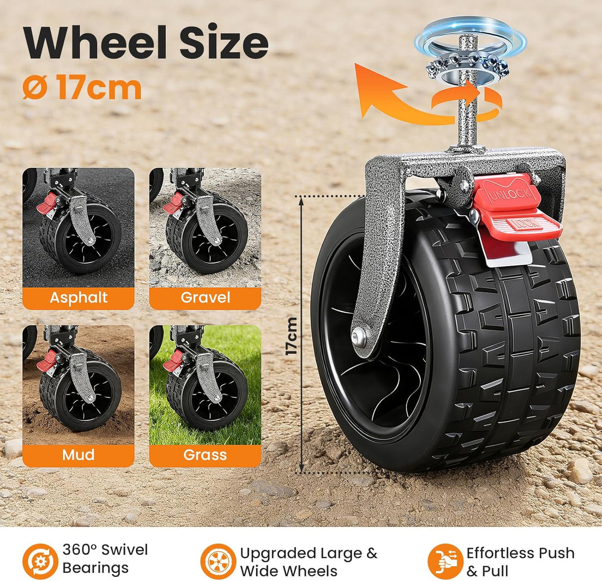 YEAUPE PRO Bolderkar, opvouwbaar, 170 liter, 120 kg, opvouwbare bolderkar met parkeerrem, 4-weg opvouwbaar, in hoogte verstelbaar, voor camping, strandwagen, tuin, winkelen, zwart