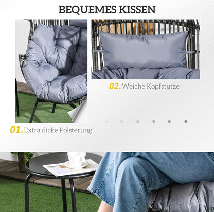 Outsunny Rattansessel, Rattan Korbsessel mit dickem Sitzkissen, Gartensessel in Eiform, 120 kg load bar, für Terrasse, Garten, Grau