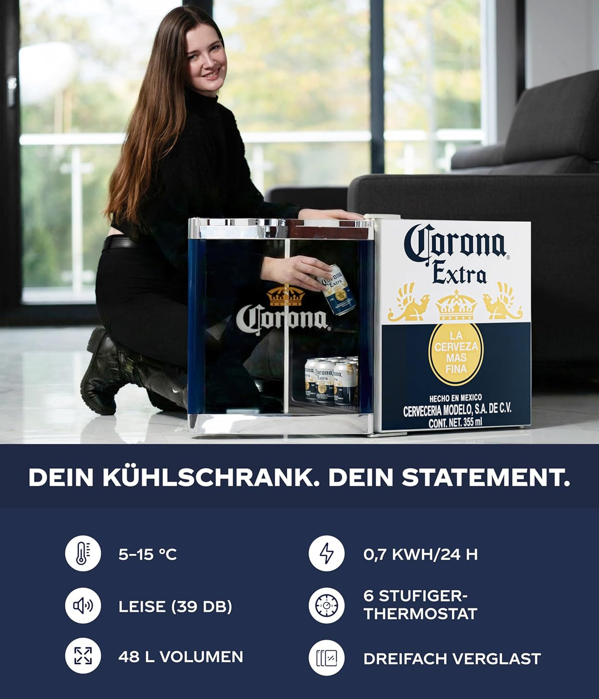 Corona Koelkast – Drankkoeler – Flessenkoelkast – Bierkoelkast – Mini Koelkast – 48 Liter Inhoud – Glazen Deur Met 4 Verstelbare Legplanken