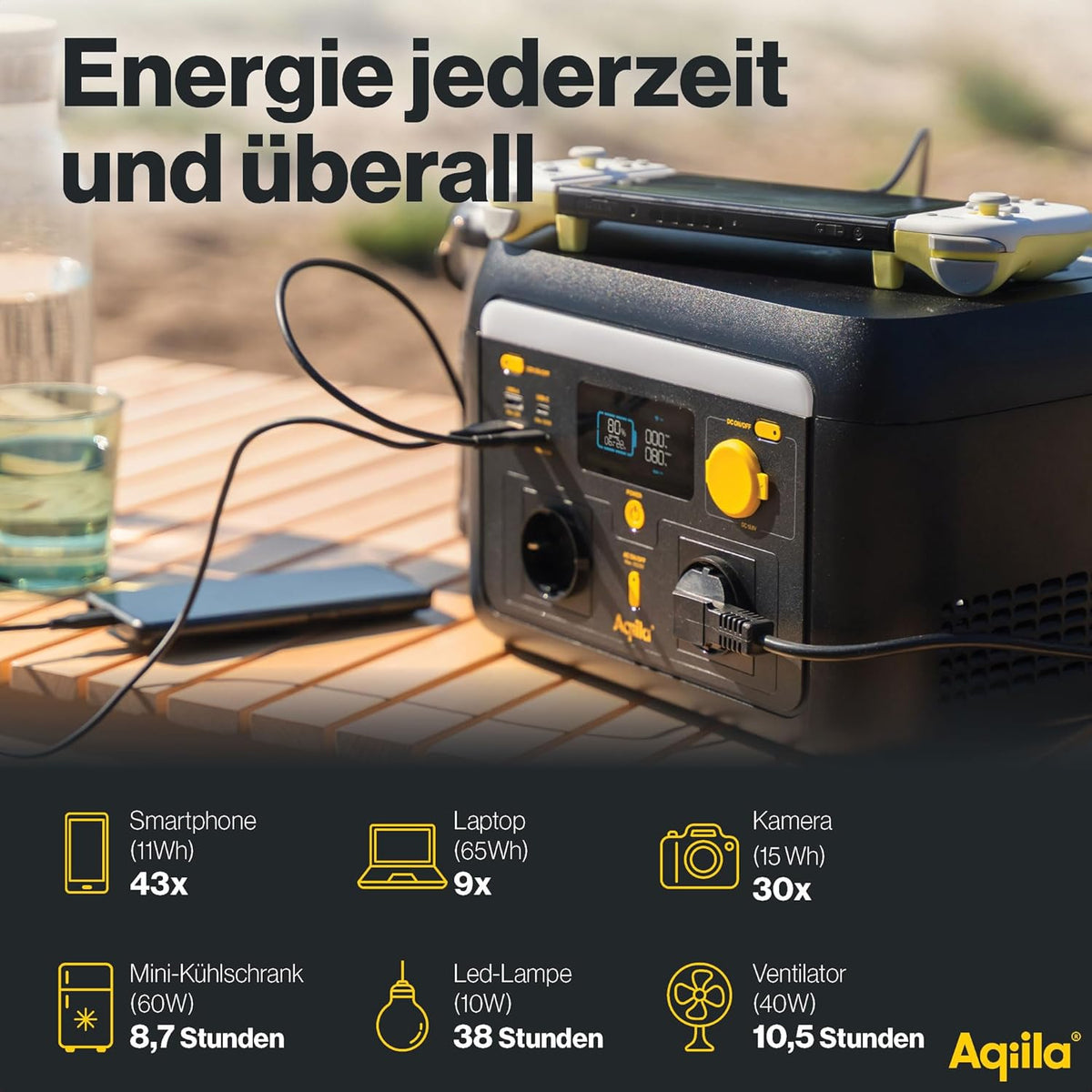 Powerstation 614Wh 1000W – Portable generator with LiFePO4, 2x AC (pure sine), USB-C/A, 12V, LED lamp, app control – Mobile power supply for camping & emergency power - QUORE
