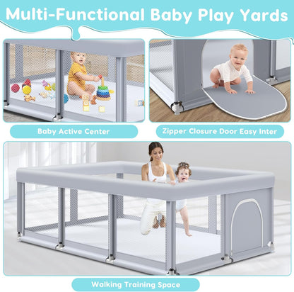 188cm×50" Large Baby Playpen Baby Playground for Babies and Toddlers, Baby Fence Play Pins for Indoor & Outdoor, Sturdy Safety Playground with Soft Breathable Mesh, Anti-Fall, Grey - QUORE