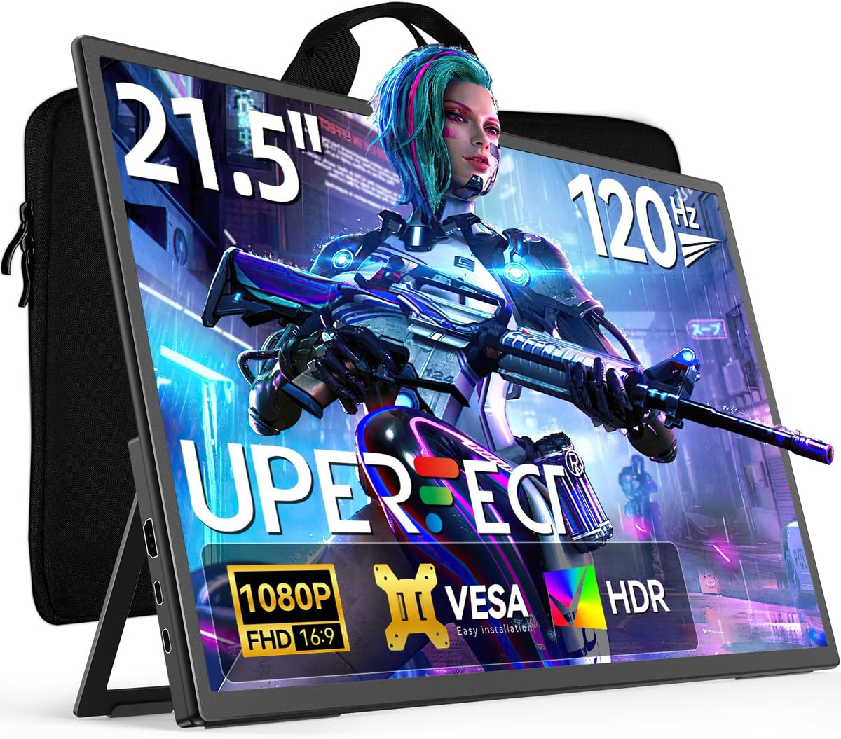 UPERFECT 21,5" 120Hz Draagbare Monitor, 1080P Full HD, Ingebouwde Stand, VESA Monteerbaar, Slank Aluminium Frame, voor Laptops, Mini PC's, Telefoons en Gaming Consoles