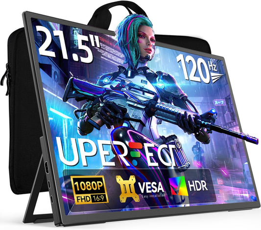 UPERFECT 21,5" 120Hz Draagbare Monitor, 1080P Full HD, Ingebouwde Stand, VESA Monteerbaar, Slank Aluminium Frame, voor Laptops, Mini PC's, Telefoons en Gaming Consoles