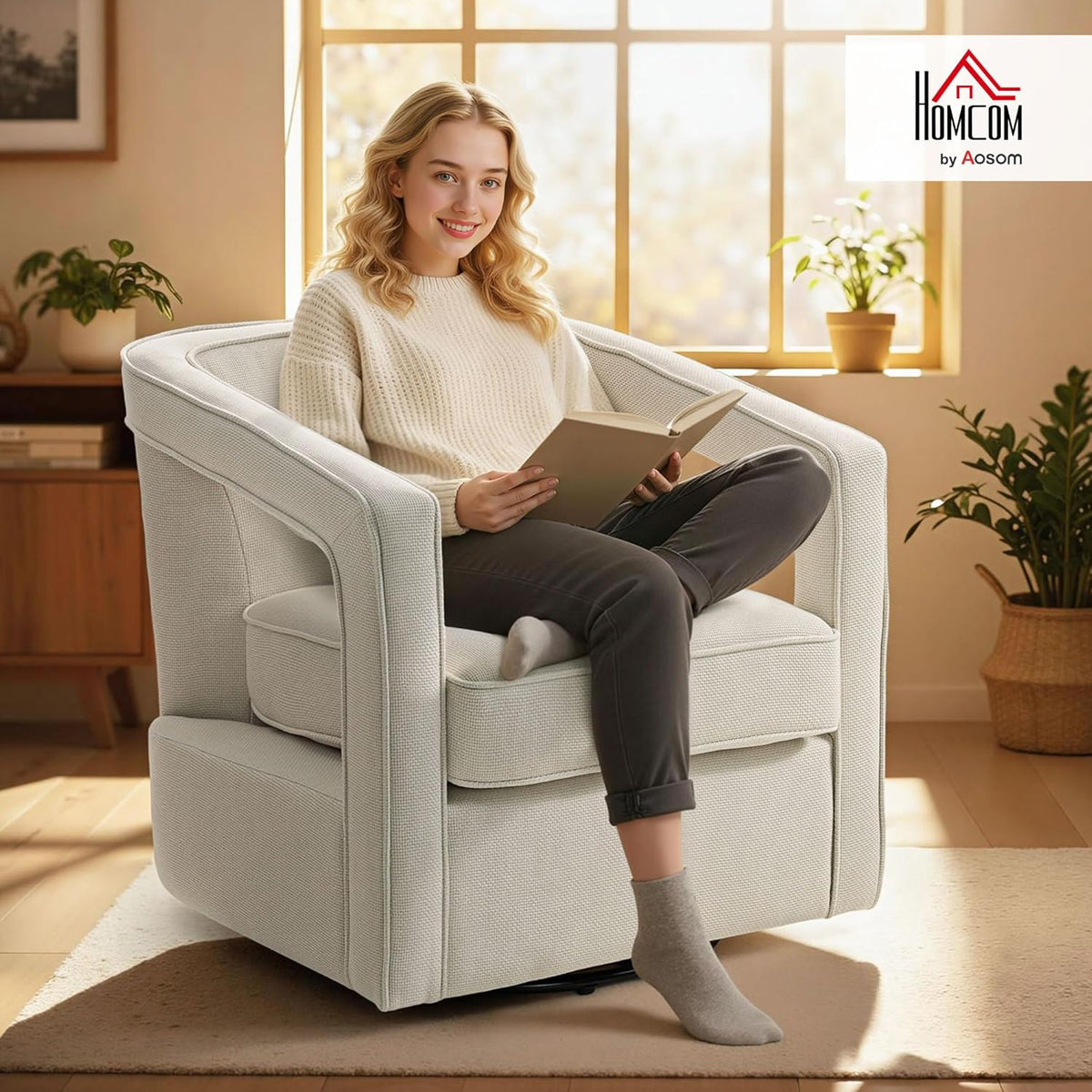HOMCOM Fauteuil 360° draaibaar Loungestoel Relaxstoel met geïntegreerde rugleuning en armleuningen, linnenlook, gestoffeerde stoel voor slaapkamer Beige