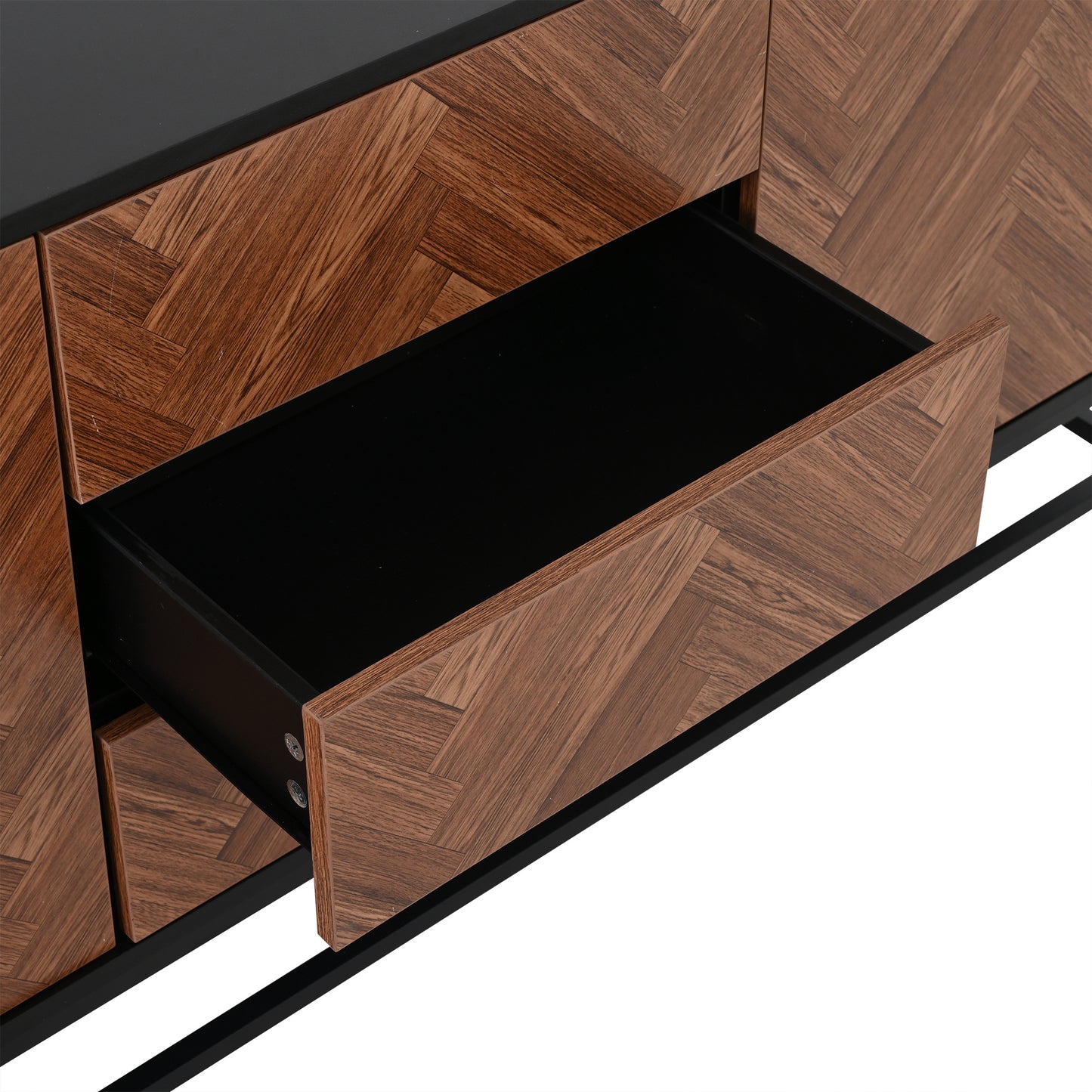Sideboard – Dressoir – Opbergkast – Kast – Bufetkast – Modern Design – 145x40x67 cm – Zwarte Metalen Frame – Houten Look – 3 Lades – 2 Deuren – Verstelbare Binnenwanden – Stabiel – Onderhoudsvriendelijk