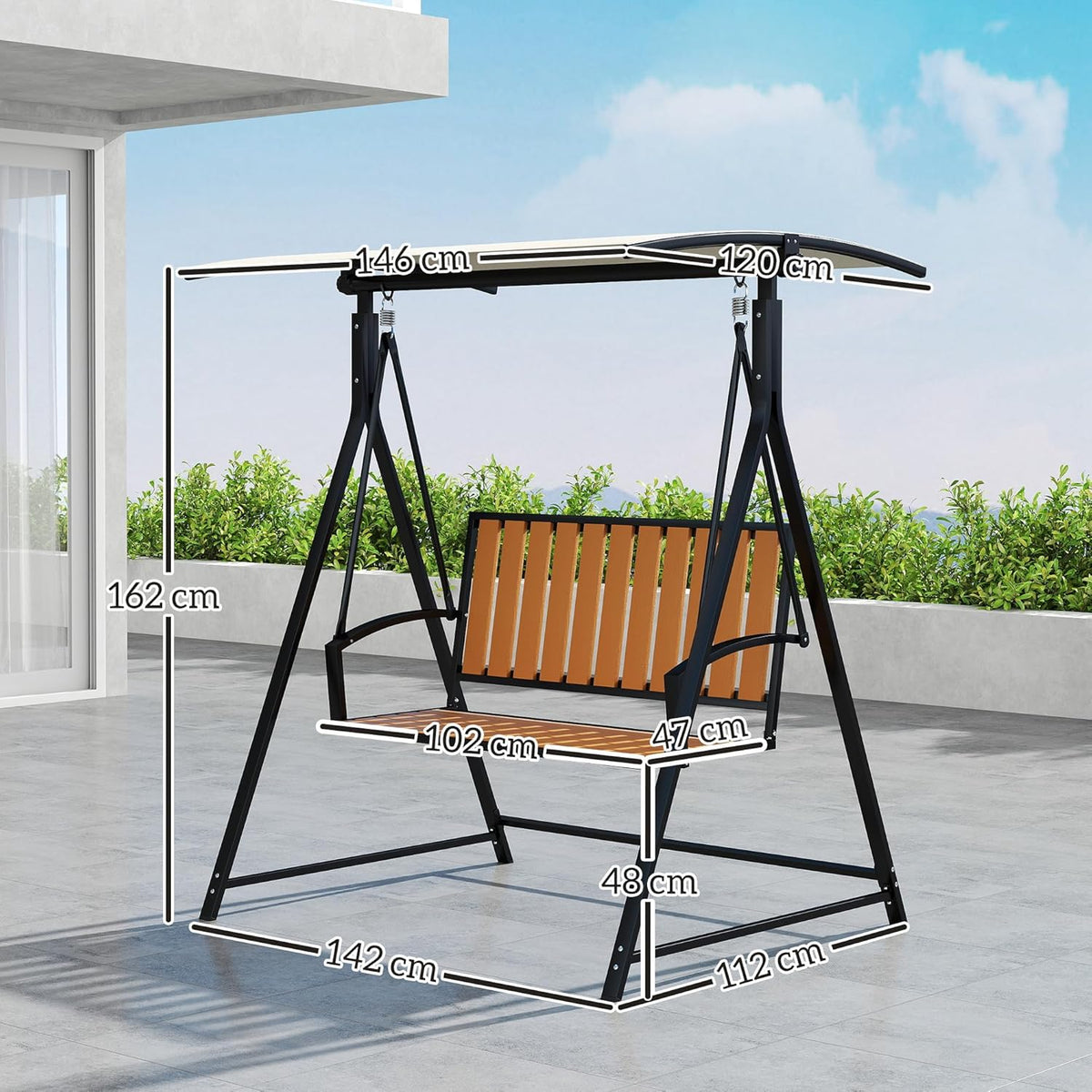 Outsunny Hollywoodschaukel mit verstellbarem Sonnendach, 2-Sitzer Gartenschaukel, wetterfest Schaukelbank belastbar bis 240kg, Gartenliege für Garten, Terrasse, 142 x 112 x 162cm, Schwarz