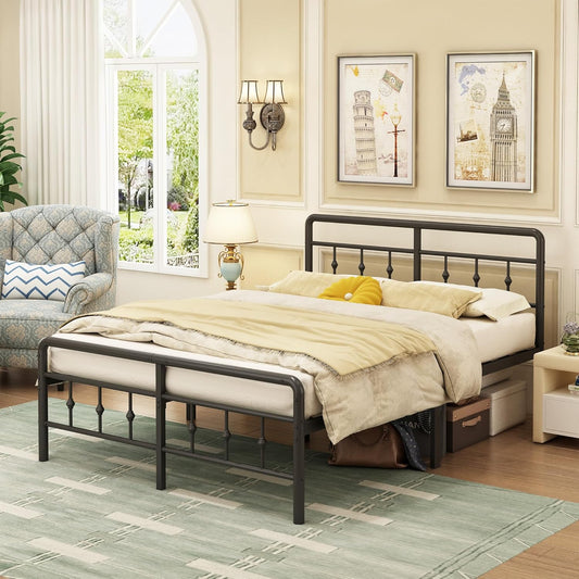 EMODA Metalen Bedframe 160 x 200 cm met Hoofdeinde en Voetenbord, Heavy Duty Bedframe 46 cm hoog met stalen lattenbodem, Eenvoudige montage, Geluidsvrij, Zwart