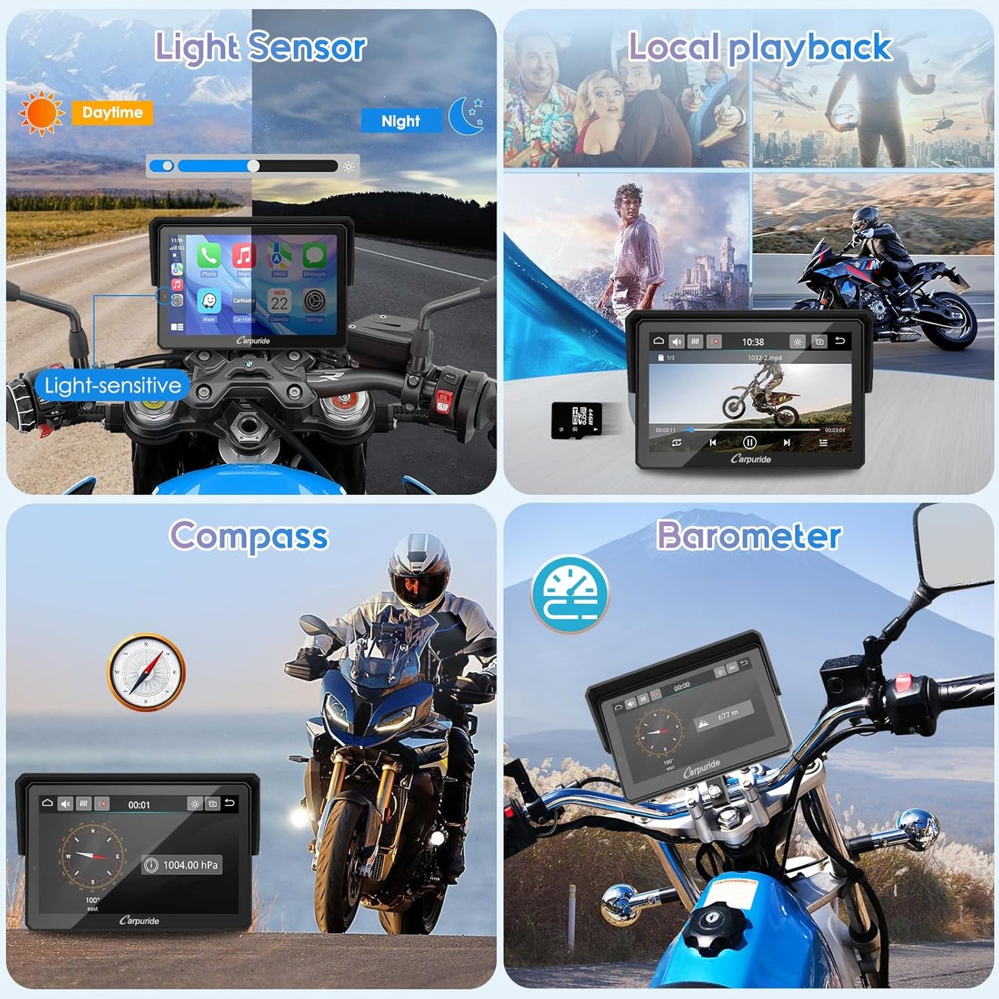 Carpuride W502B Pro voor B.M W Motorfiets CarPlay & Android Auto & Dual Bluetooth, 5" Waterdicht GPS Navigatiescherm voor Motorfiets, Muziek Delen, Intercom, EQ, Lichtsensor, Kompas, Barometer