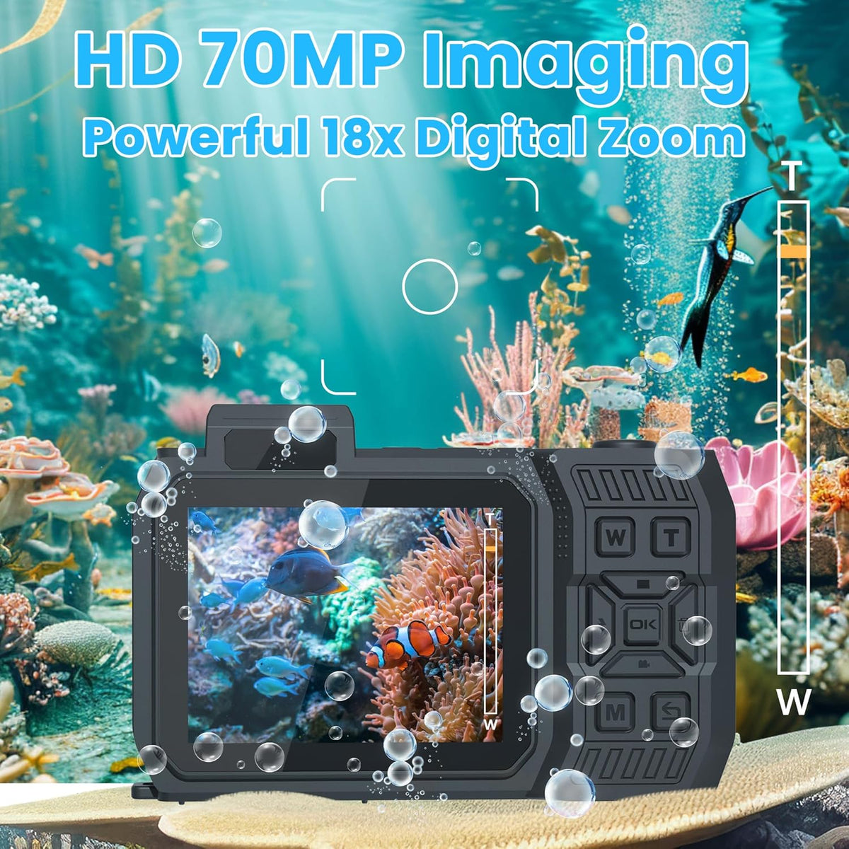 Verbeterde 8K 70MP onderwatercamera met 32G-kaart, 33FT waterdicht, robuust, stofdicht schokbestendig voor snorkelen, selfie digitaal voor duiken, dual-screen fotografie