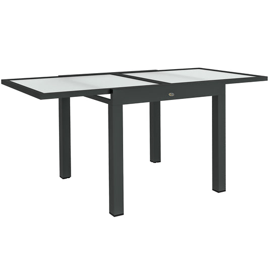 Uitbreidbare Tuin Tafel – Uitschuifbare Buiten Tafel – Terras Tafel – Eettafel – Verstelbare Tuinmeubel – Aluminium Metaal Epoxy Donkergrijs – Tempered Glass Zwart Blad – Groot Formaat 160x80x75 cm
