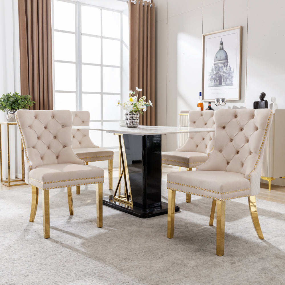 Eetkamerstoelen – Stoelen – Kuipstoelen – Keukenstoelen – Dining Chairs – Set van 2 – Beige Velvet Bekleding – Gouden Metalen Poten met Nagelrand