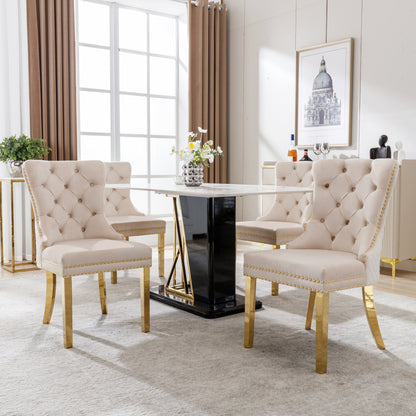 Eetkamerstoelen – Stoelen – Kuipstoelen – Keukenstoelen – Dining Chairs – Set van 2 – Beige Velvet Bekleding – Gouden Metalen Poten met Nagelrand