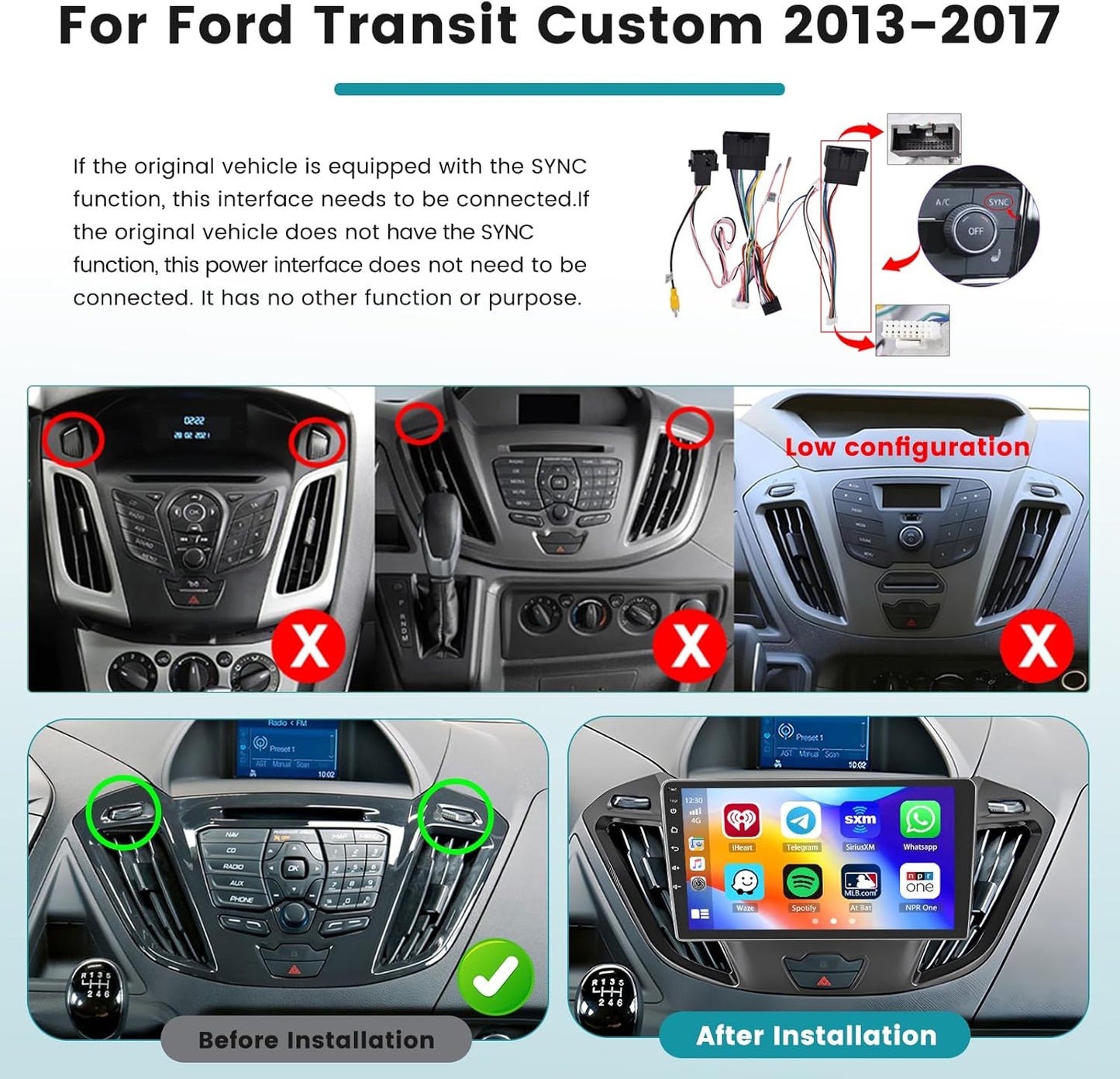 Hikity 2+64GB Car Stereo voor Ford Transit Custom 2013-2017 Draadloze Carplay Android Auto, 9 Inch Touch Screen Bluetooth Stereo met WiFi GPS EQ FM/RDS SWC Achteruitrijcamera