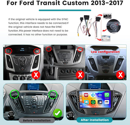 Hikity 2+64GB Car Stereo voor Ford Transit Custom 2013-2017 Draadloze Carplay Android Auto, 9 Inch Touch Screen Bluetooth Stereo met WiFi GPS EQ FM/RDS SWC Achteruitrijcamera