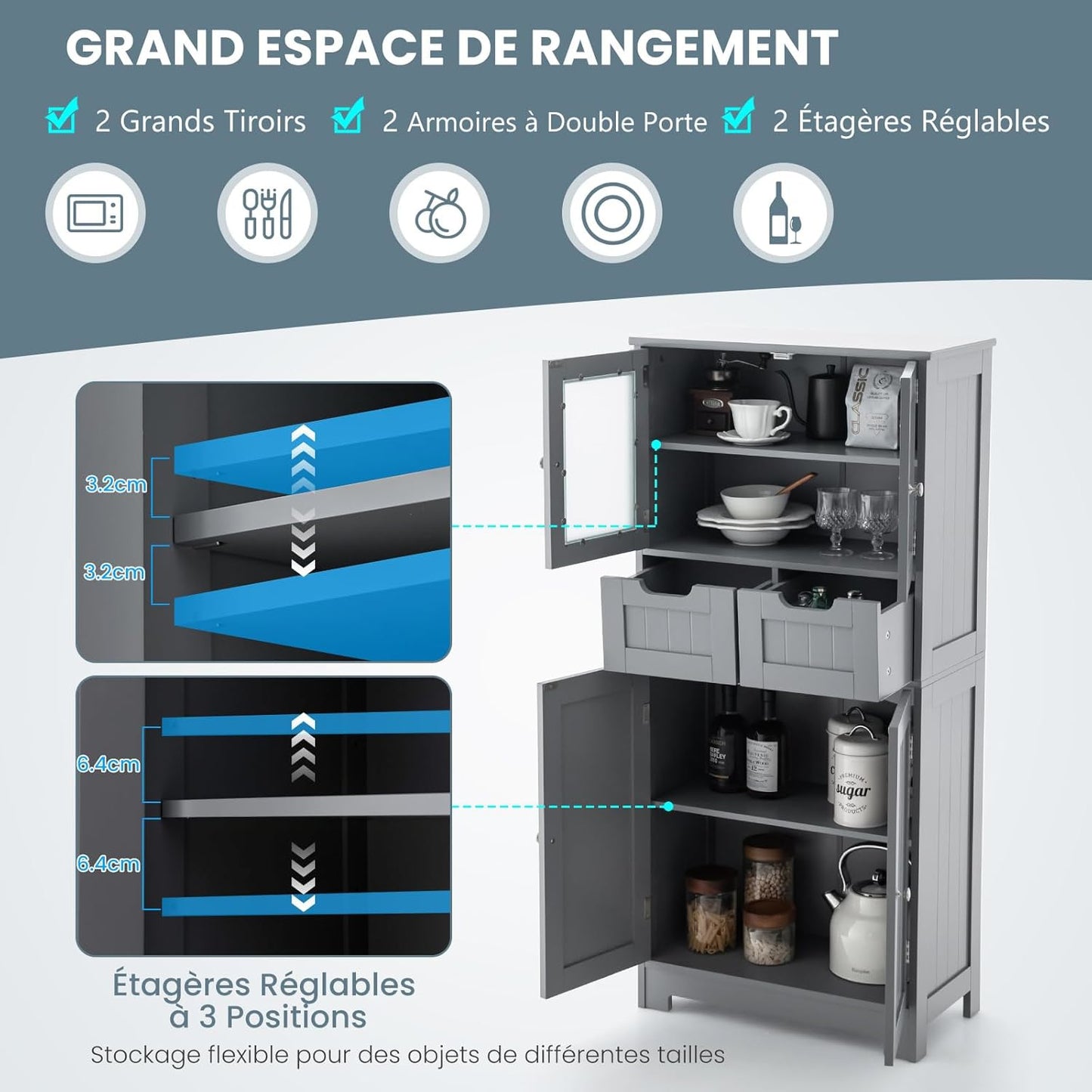 Grijs Opbergkastje – Opbergmeubel – Kast – Dressoir – Kabinet – Verstelbare Legplanken – Ruime Opbergruimte – Slank Design – Veilig Anti-Kantel