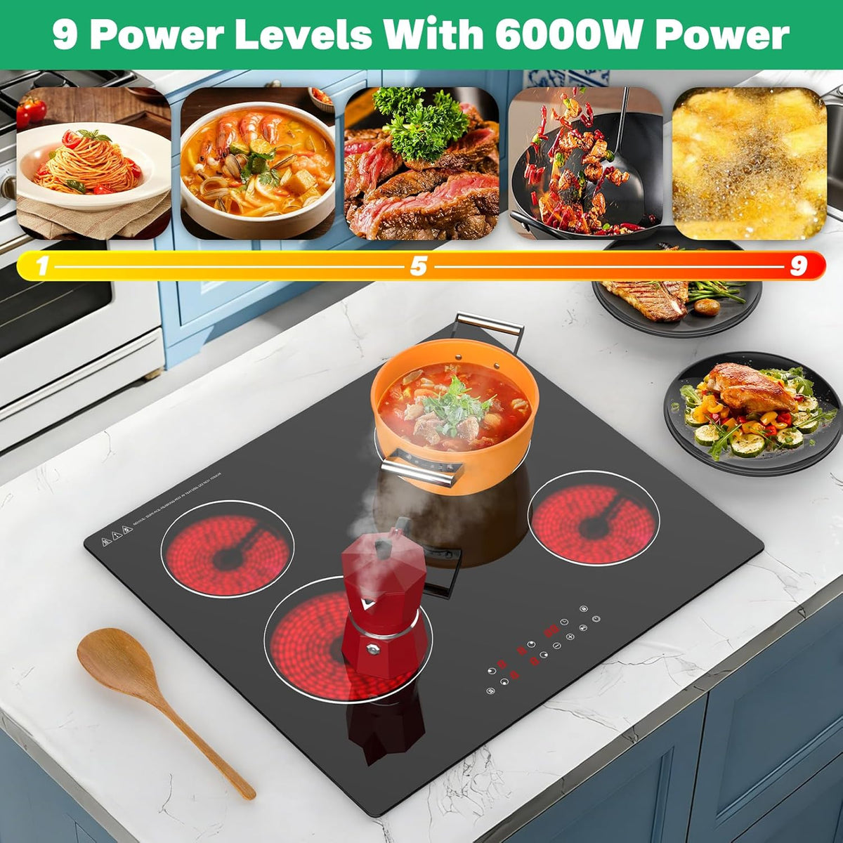 Keramische kookplaat met 4 branders, 60 cm, 6000 W, touch-bediening, verwarming met één zone, onderbouw