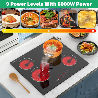 Keramische kookplaat met 4 branders, 60 cm, 6000 W, touch-bediening, verwarming met één zone, onderbouw
