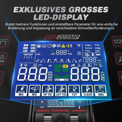 ARCCAPTAIN MIG205MP 9-in-1 iControl App-besturing MIG‑lasapparaat, plasmasnijder, puls‑MIG/flux‑core/spool gun/DC HF/Lift TIG/Clean/MMA‑aluminium lasapparaat, 230 V, meervoudig lasapparaat
