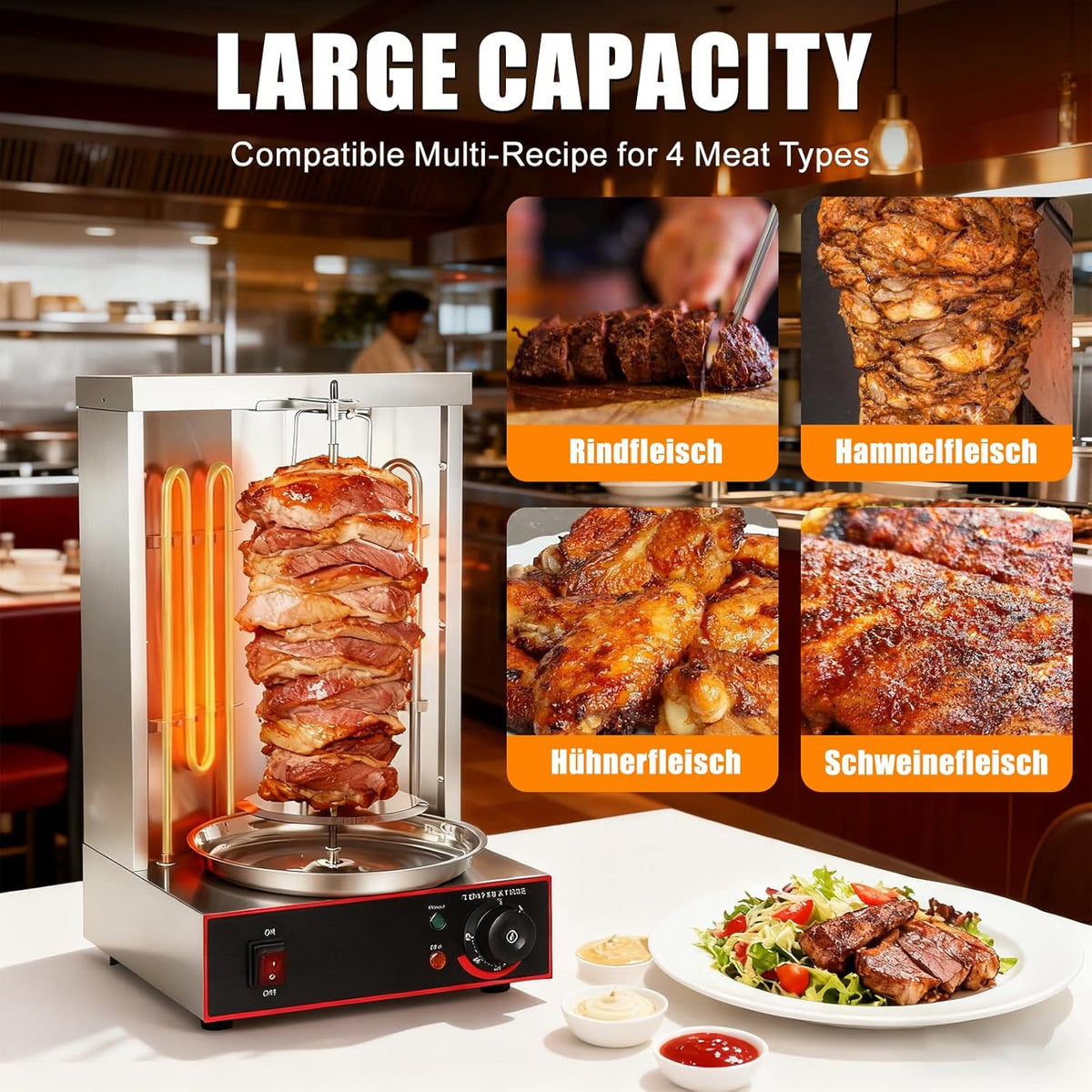 DöNer Verticale multigrill met grote capaciteit, eenvoudig te bedienen temperatuurregelaar, 360° draaibare verticale grill, rookvrij, instelbare warmte, geschikt voor thuis, barbecue, restaurant en