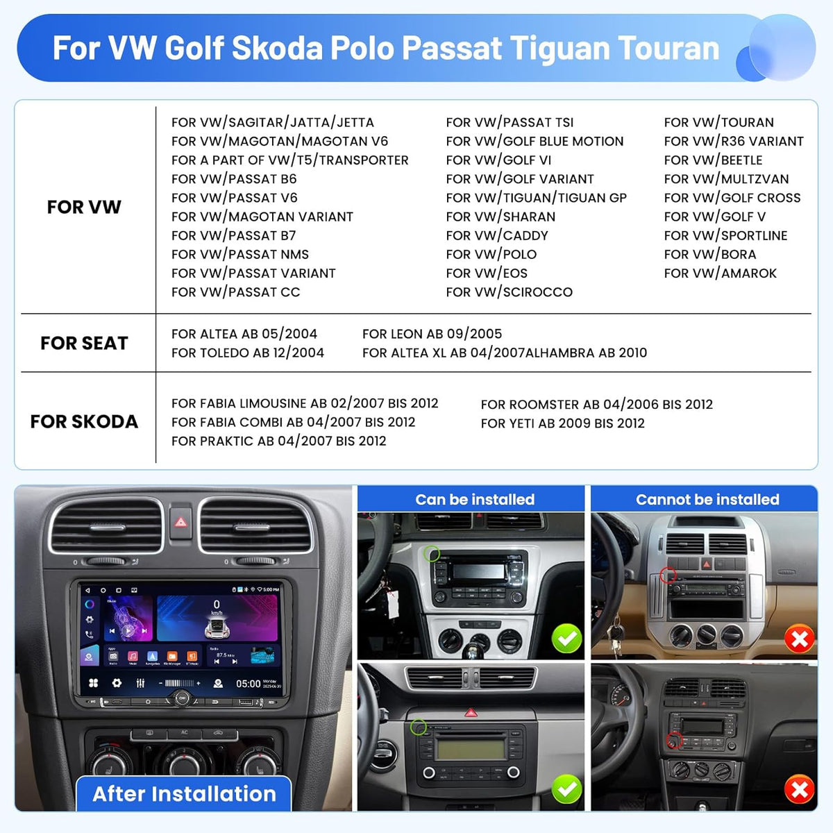 Android 15 autoradio voor VW Golf Skoda Polo Passat Tiguan Touran 4+64G met Wireless CarPlay Android Auto, 9 inch scherm ondersteuning FM RDS 32EQ GPS Bluetooth WiFi SWC AHD achteruitrijcamera
