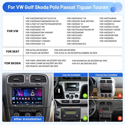 Android 15 autoradio voor VW Golf Skoda Polo Passat Tiguan Touran 4+64G met Wireless CarPlay Android Auto, 9 inch scherm ondersteuning FM RDS 32EQ GPS Bluetooth WiFi SWC AHD achteruitrijcamera