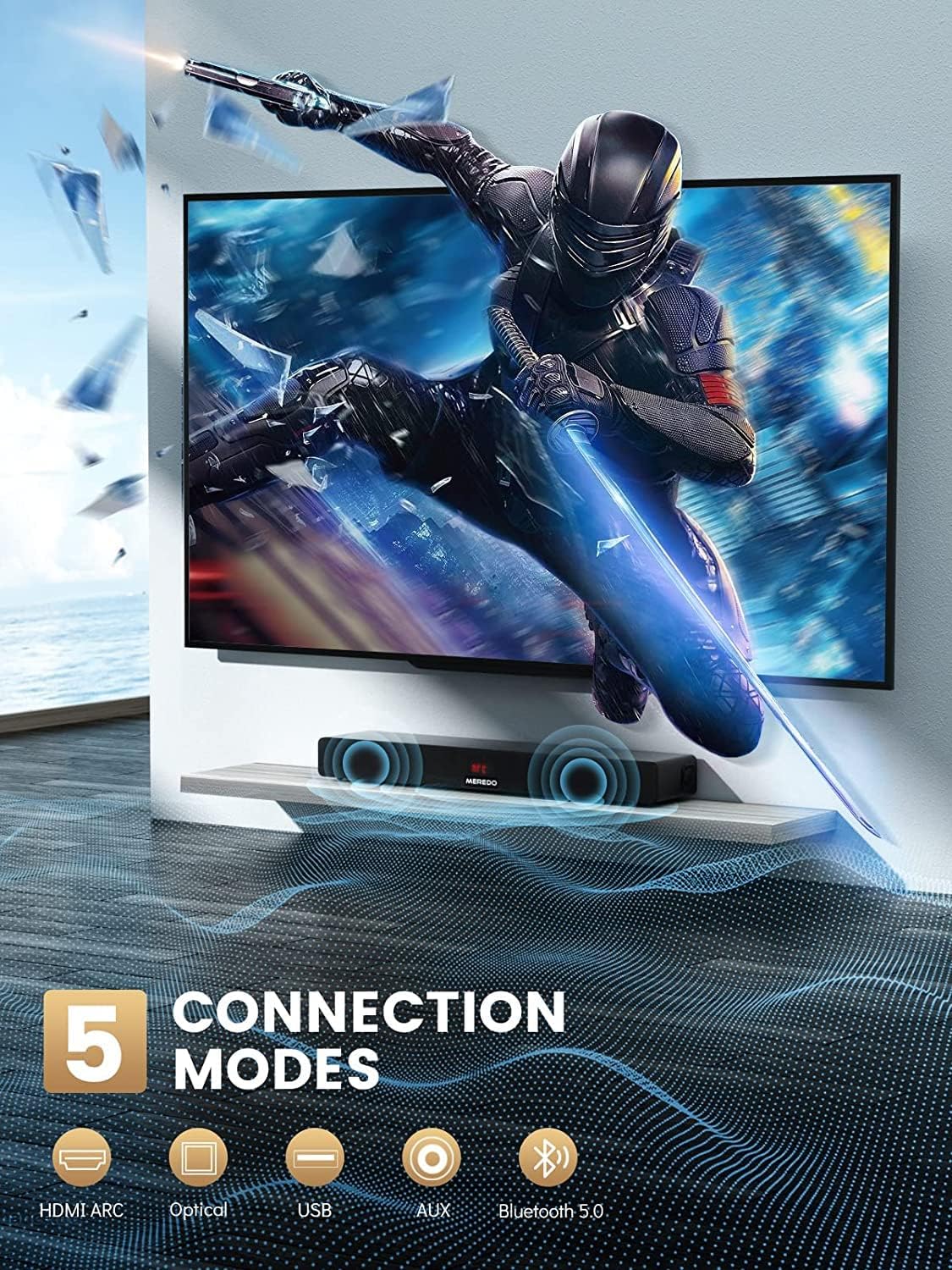 MEREDO Soundbar 2.1 Hout voor tv-toestellen, 150W, soundbar met geïntegreerde subwoofer met ARC-kabel, optisch, AUX, BT, 5 EQ-modi, luidspreker, geluidssysteem voor televisie voor thuisbioscoop, 71cm