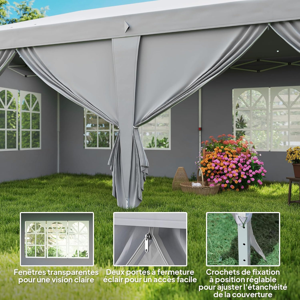 Outsunny Garden Gazebo Foldable 6 x 3 m Outdoor Gazebo Foldable Waterproof 4 Removable Side Walls 4 Windows + Carry Bag Light Grey