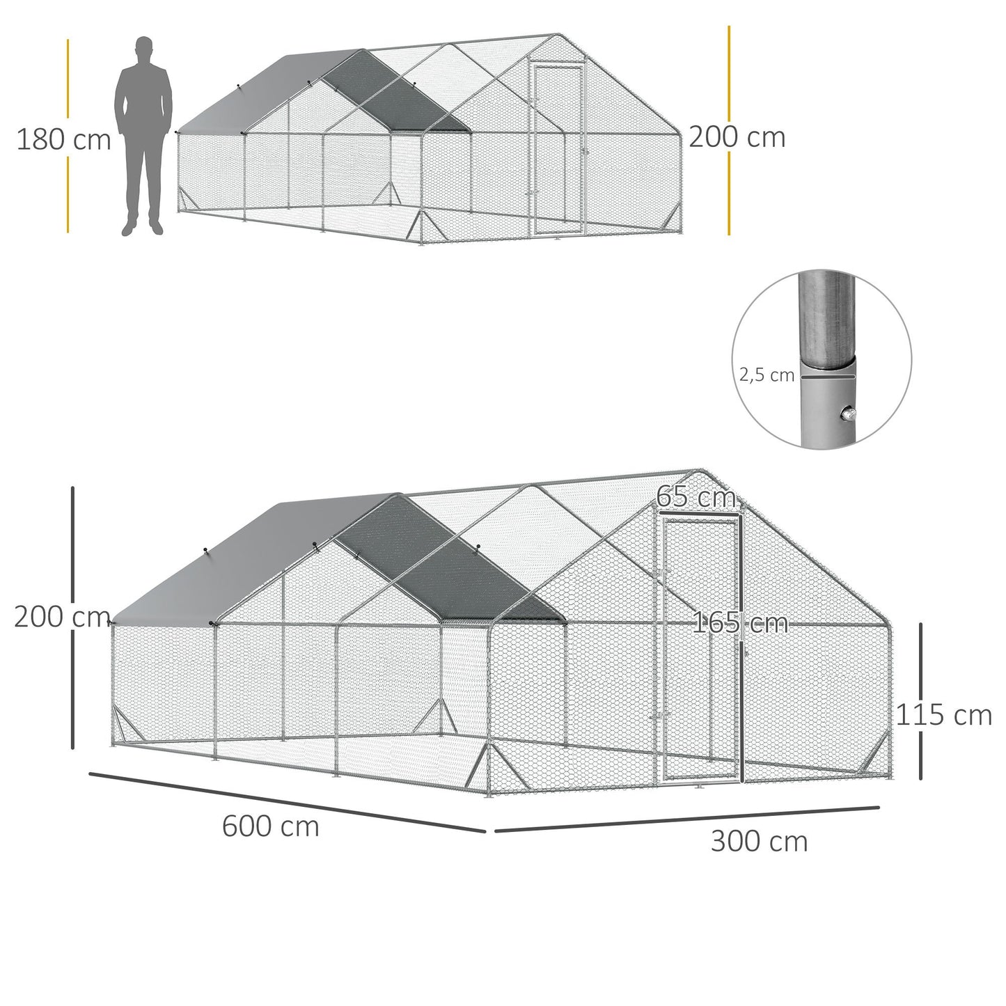 Kippenren – Kippenhok – Hennenren – Pluimveerennetje – Buitenren – Gegalvaniseerd Stalen Frame – Overdekt en Veilig – 3 x 6 x 2 Meter – Grijs