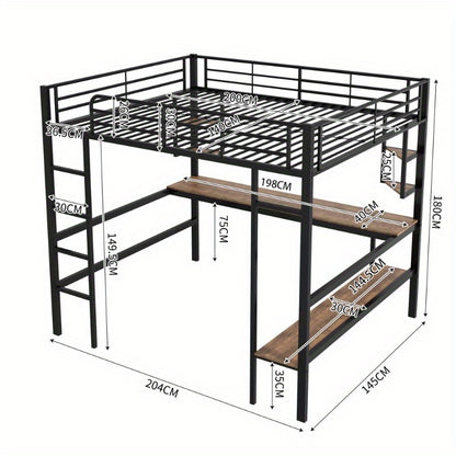 Hoogslaper – Metalen Bed – Stapelbed – Loftbed – Werkplek Bed – Ingebouwd Bureau – Opbergrekken – Stevige IJzeren Constructie – Ruimtebesparend Ontwerp